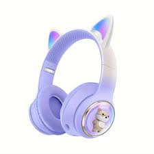 Violet gradient cute cat ear girl game headset BT5.0 and wired RGB foldable game headset